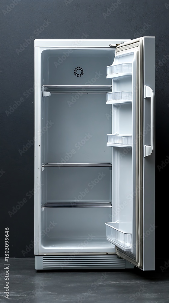 Empty upright refrigerator, open door, dark studio