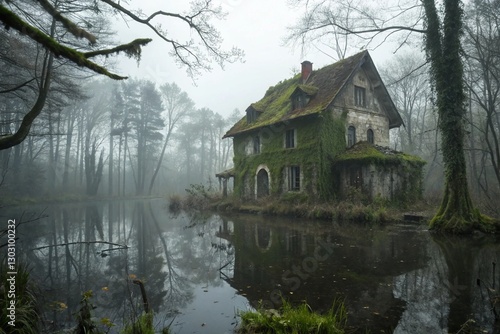 decrepit, moss-covered house nestled in heart of a murky swamp exudes an otherworldly aura, with its crumbling walls, ghostly reflections dancing on still water, and an overwhelming sense of bygone ta