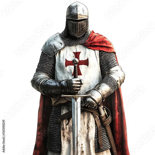Medieval Knight: A formidable knight stands in full armor, a symbol of medieval valor. His posture exudes strength and readiness, his gaze steely and focused