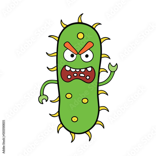 A menacing bacteria with an evil-looking face, featuring sharp eyes and a sinister grin. The design portrays a sense of danger, highlighting its harmful and threatening nature.