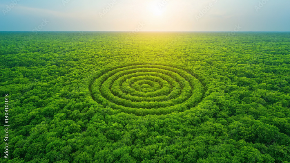 Aerial view of lush green forest featuring spiral pattern in trees, creating serene and captivating landscape. sunlight casts warm glow over vibrant foliage, enhancing natural beauty Aerial view of lush green forest featuring spiral pattern in trees, creating serene and captivating landscape. sunlight casts warm glow over vibrant foliage, enhancing natural beauty