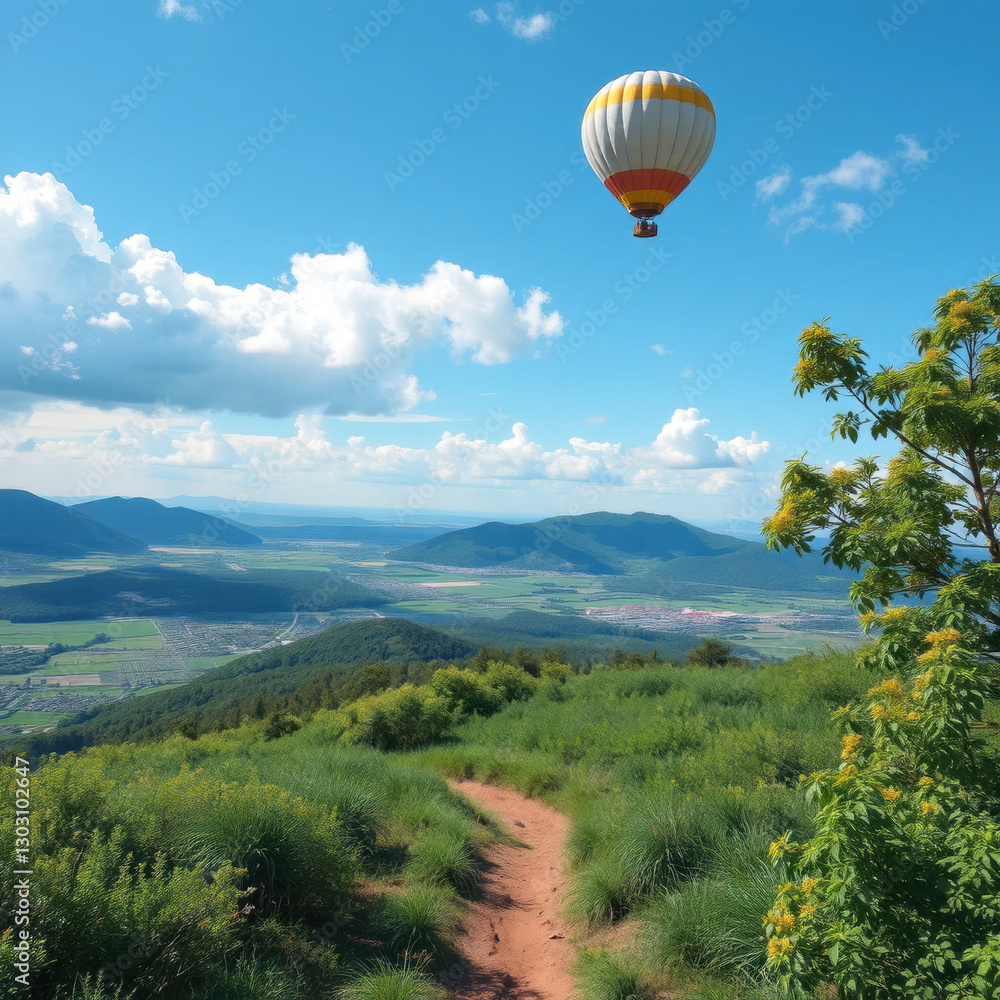 Obraz premium vibrant landscape unfolds with rolling hills and verdant meadows, and hot air balloon drifts peacefully, evoking feelings of serenity and adventure