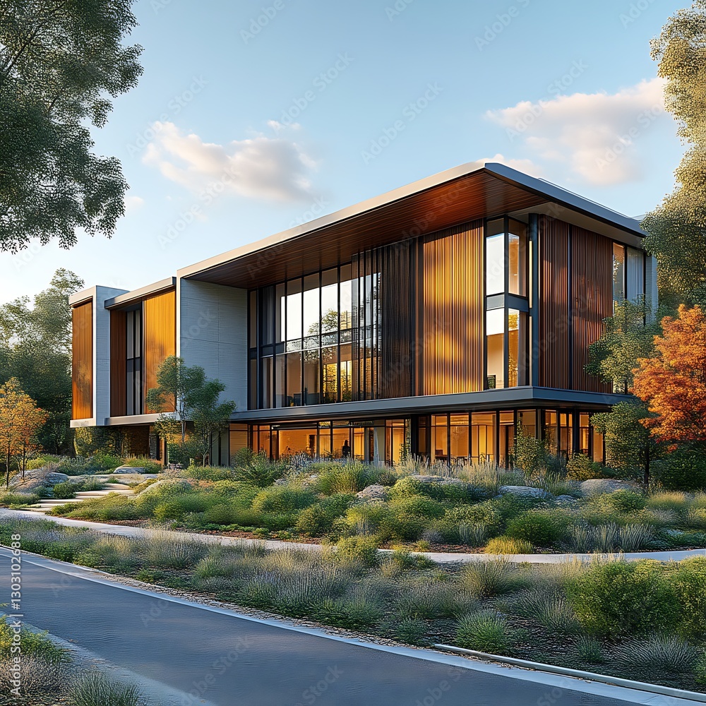 Obraz premium Modern Architectural Design Building Amidst Lush Greenery