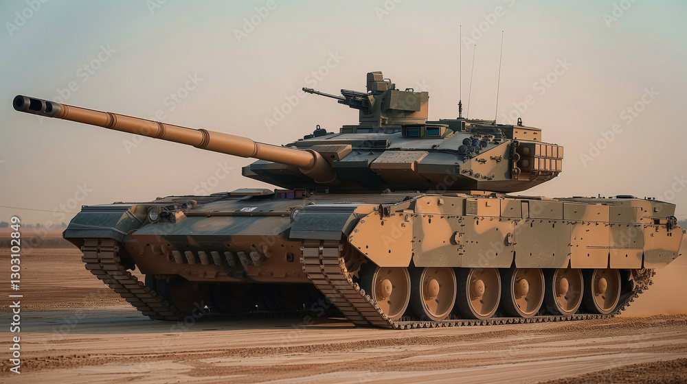 A modern military tank positioned in a desert landscape, equipped with a long-barrel cannon and advanced targeting systems, displaying its power and readiness A modern military tank positioned in a desert landscape, equipped with a long-barrel cannon and advanced targeting systems, displaying its power and readiness