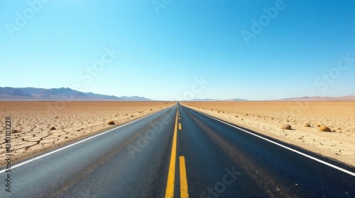 Asphalt ribbon unwinding through a sun-drenched arid landscape, flanked by cracked earth and distant mountains under a brilliant blue sky.