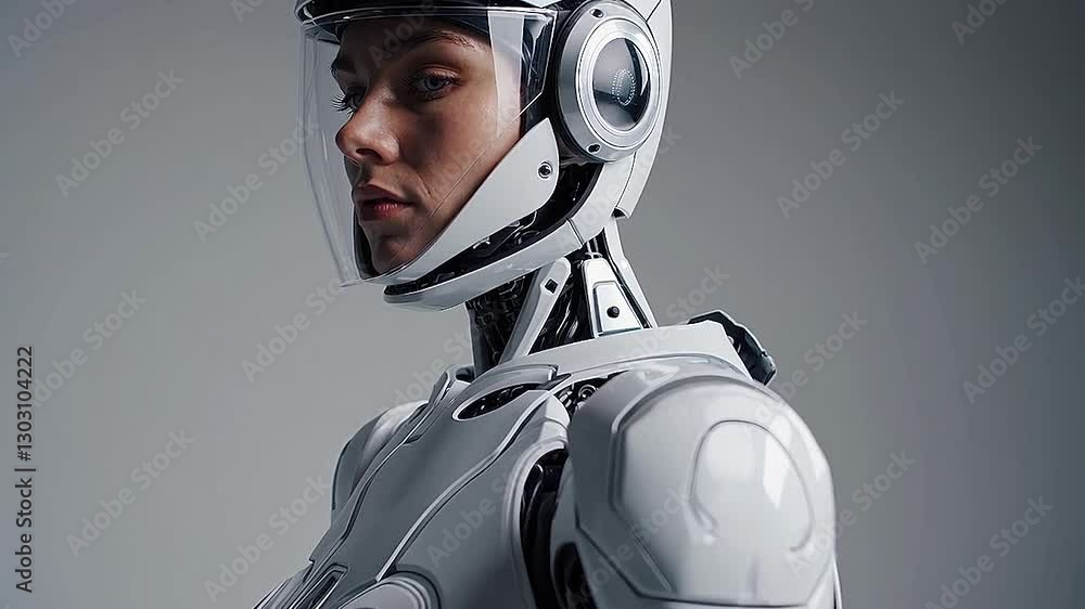 A woman in a white robot suit is looking at the camera with a peaceful expression. The robot suit is designed to look like a human, but it is made of metal and has a robotic feel to it A woman in a white robot suit is looking at the camera with a peaceful expression. The robot suit is designed to look like a human, but it is made of metal and has a robotic feel to it