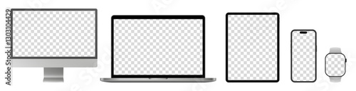 Mockup of silver computer monitor, laptop, tablet screen, mobile phone and watch. Social media promotion. Advertising on a smartphone display. Device front view. 3D smart pad with shadow. Cell phone