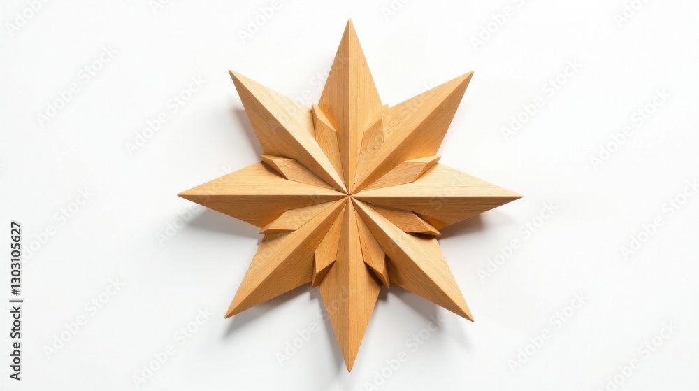 A Light Brown Wooden Star Shaped Ornament with Intricate Geometric Design on a Plain White Background A Light Brown Wooden Star Shaped Ornament with Intricate Geometric Design on a Plain White Background