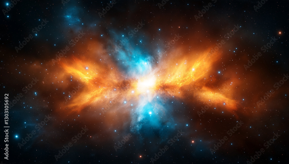 Fototapeta premium stunning nebula explosion in deep space showcases vibrant orange and blue hues, surrounded by countless stars, creating mesmerizing cosmic scene