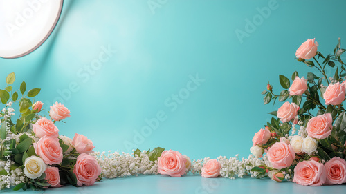 Fresh pink and white roses arranged beautifully on vibrant turquoise backdrop, creating serene and elegant atmosphere perfect for photography