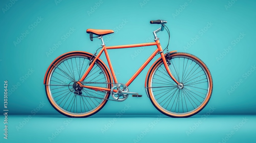 Fototapeta premium Vibrant orange bicycle, teal backdrop, simple elegance.