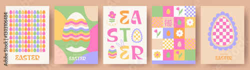 Happy Easter Set of cute greeting card, poster, holiday cover or web banner. Trendy design with typography, hand drawn flowers and Easter eggs in geometric style with doodles. Easter art template
