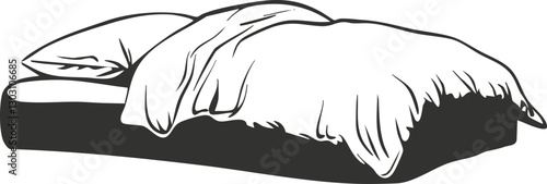Illustration of a bed with pillows and blanket in black and white.