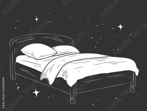 Illustration of a bed with stars in a nighttime setting.