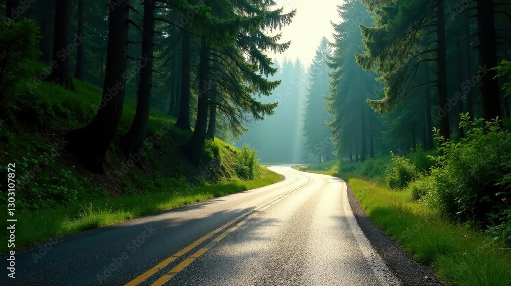 Fototapeta premium Serene Winding Road Through a Lush Evergreen Forest on a Sunny Day