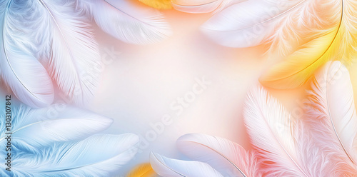 Soft pastel feathers in blue, white, and yellow create serene abstract background, perfect for various design projects. gentle colors evoke sense of calm and elegance
