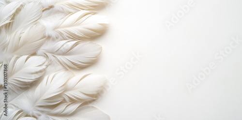 Soft white feathers arranged on light background create serene and elegant atmosphere. delicate texture and gentle curves of feathers evoke sense of calm and purity