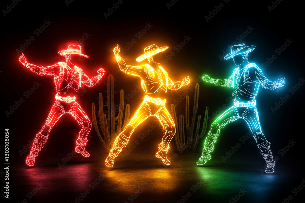 Neon light cowboys dancing in vibrant colors against dark background, surrounded by cacti, creating lively and energetic atmosphere Neon light cowboys dancing in vibrant colors against dark background, surrounded by cacti, creating lively and energetic atmosphere