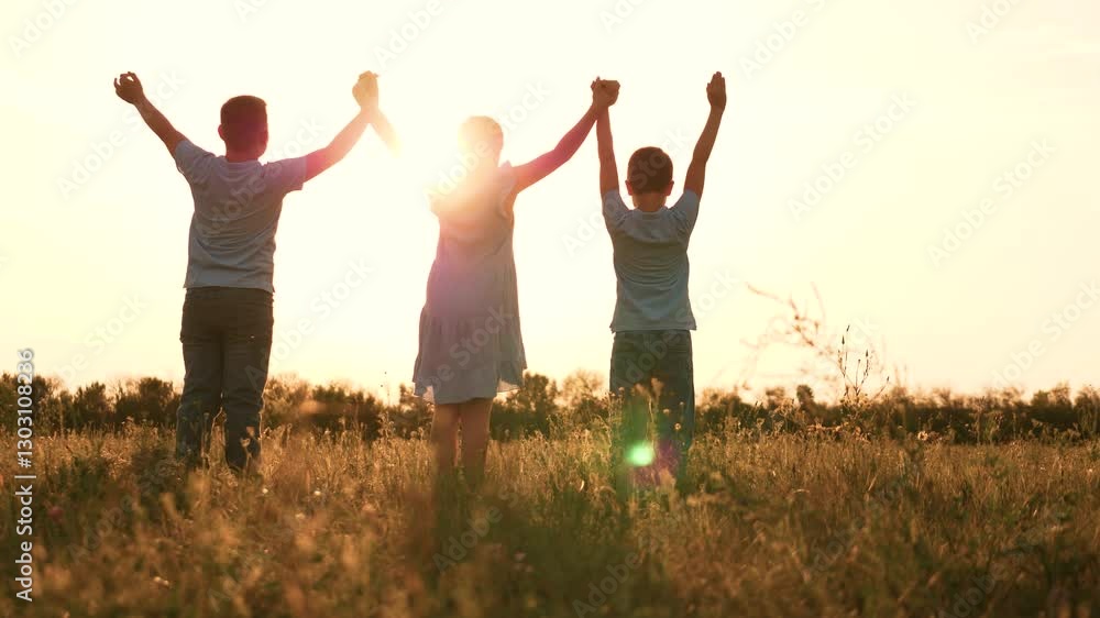 friendly team children, happy family, teamwork concept, child kid girl boy raised hands sunset many people, schoolchildren vacation picnic, child nature, outdoor play, children dream, happy family