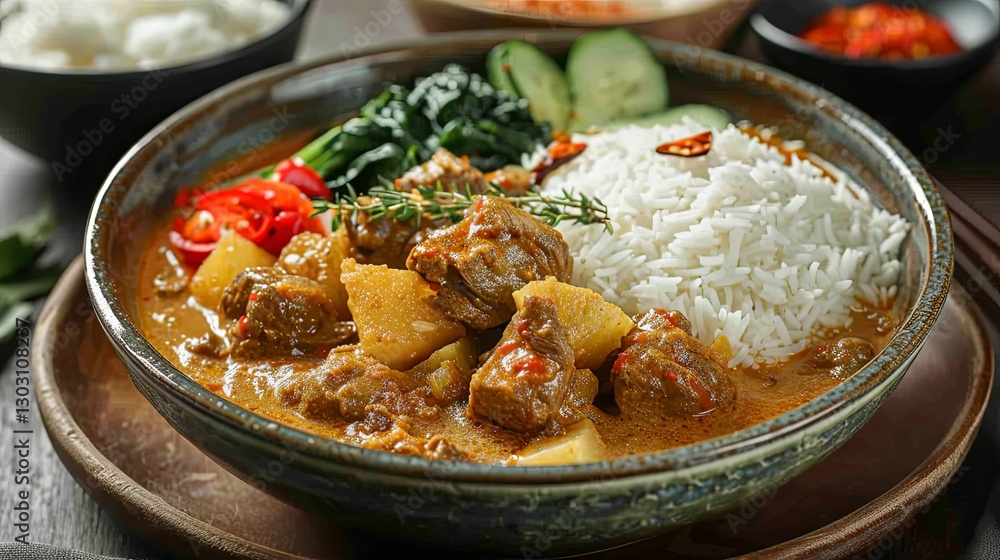 Delicious bowl of curry with meat rice and vegetables Delicious bowl of curry with meat rice and vegetables