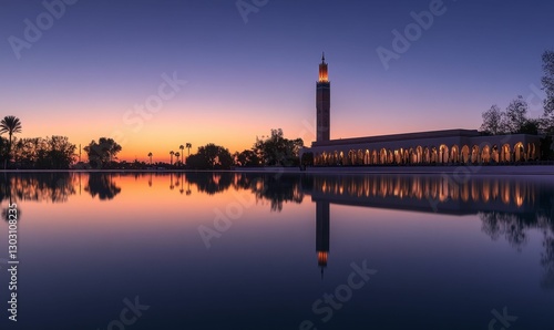 Mosque and reflection at sunset serene waters.