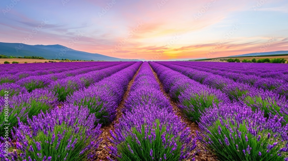 Fototapeta premium Serene Lavender Field at Sunset, Rows of Purple Flowers Stretch to a Warm Horizon