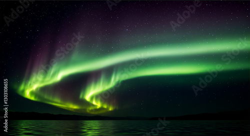 Wallpaper Mural A serene digital illustration of the Northern Lights reflecting over a tranquil body of water, showcasing vibrant greens and purples against a starry night sky. Torontodigital.ca