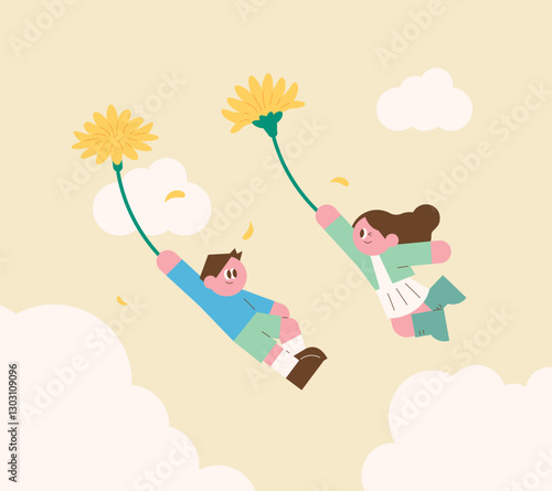 Dandelion Flight. Flat illustration in simple style. Family Month. spring event