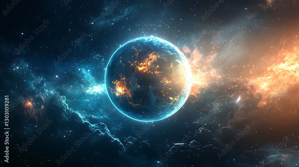 Obraz premium Cosmic Planet: A Celestial Symphony of Nebulae and Glowing Worlds