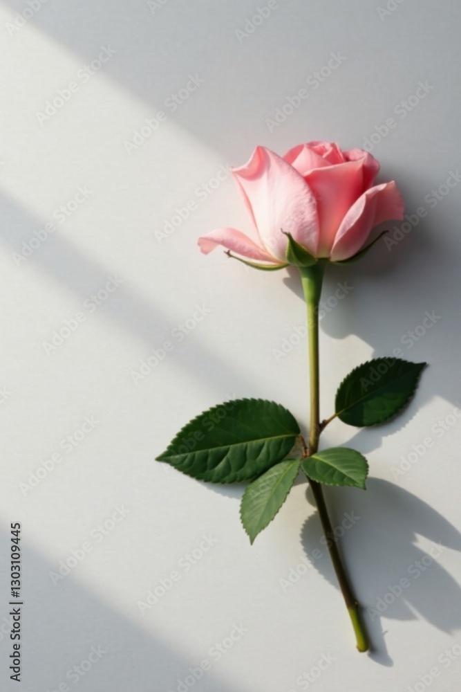 Fototapeta premium A single pink rose with green leaves, bathed in soft sunlight on a white background