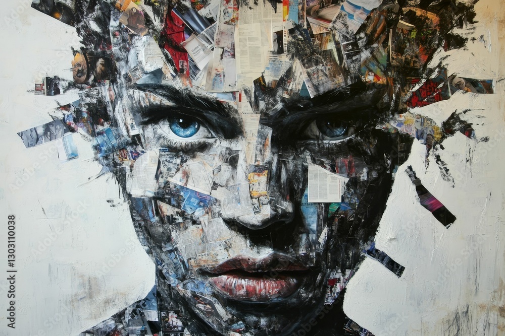 Fototapeta premium Artistic portrait face composed of papers and paint.