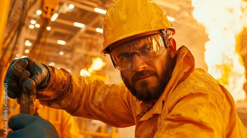 Offshore Roustabout Laborer, engaged in demanding tasks on an oil rig, showcasing resilience and teamwork in a challenging maritime setting, surrounded by vast open ocean.