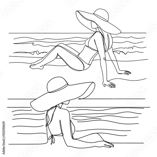 Woman relaxing on a beach lounge chair in continuous line art drawing style Happy summer vacation. Black linear sketch isolated on white background. Vector illustration