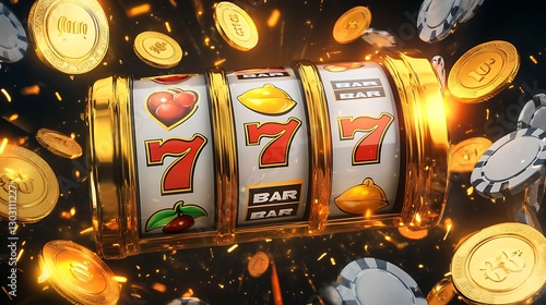 Lucky Seven:  A dazzling 3D rendering of a golden slot machine, showering the player with glittering coins and sparks, symbolizing the thrill of a big win!