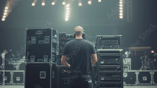 Concert Setup, stage rigger organizing heavy audio and lighting equipment, collaborative effort in a spacious venue, anticipation for the upcoming performance