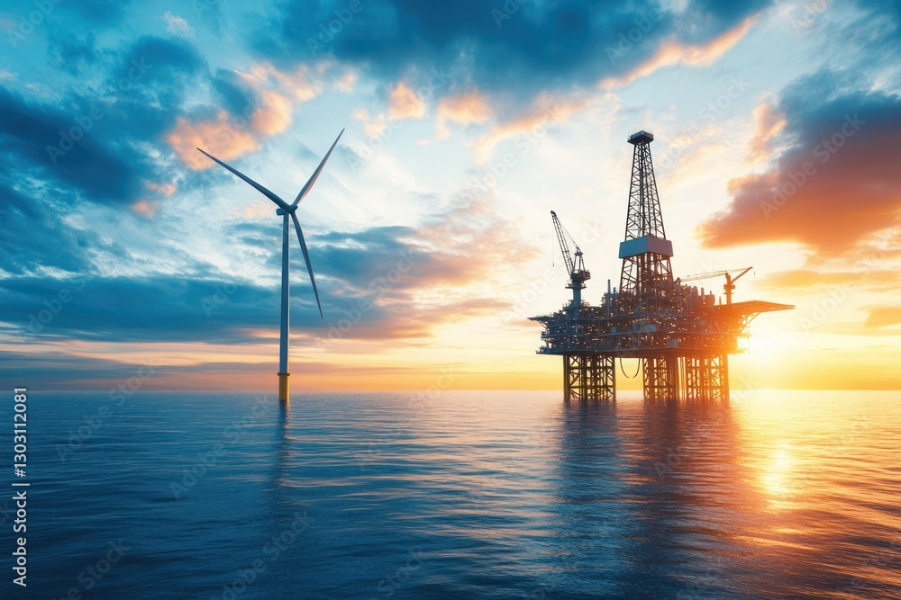Obraz premium Sunrise Over Offshore Oil Rig and Wind Turbine in Calm Sea Environment
