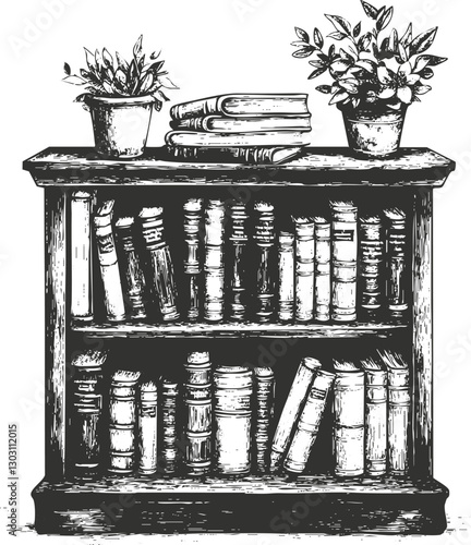 Vintage bookshelf sketch with books and potted plants illustration.