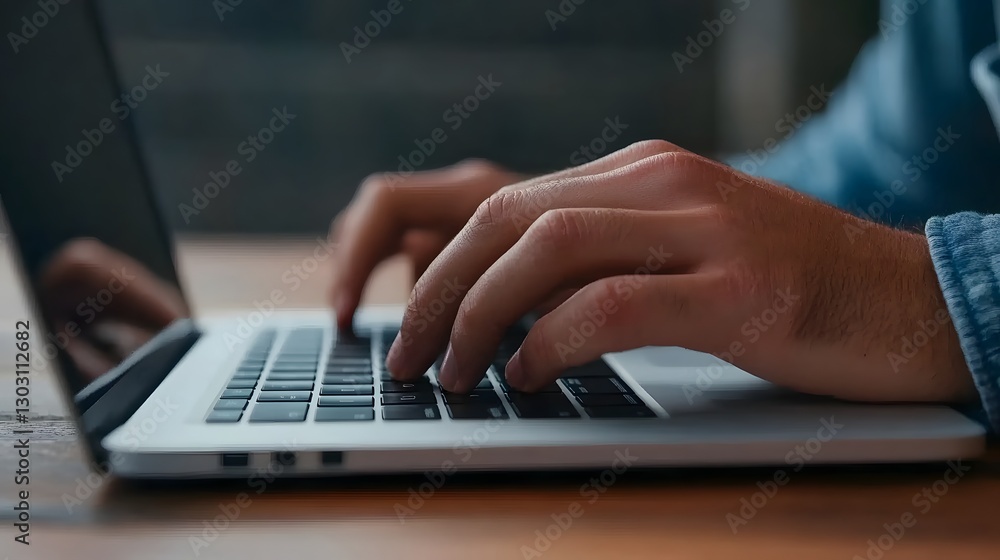 Freelancer Typing on Modern Laptop with Wooden Desk Setup Freelancer Typing on Modern Laptop with Wooden Desk Setup