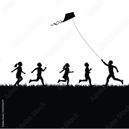 Children silhouettes playing with kites flying silhouettes vector art design with white background