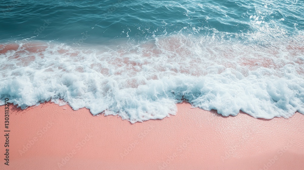 Obraz premium Pink sand beach with foamy waves. Ocean shore scene. Calm beach. Use Stock photo