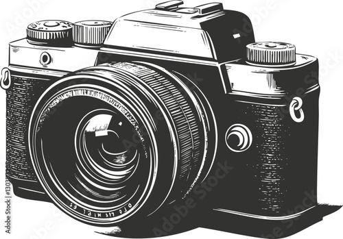 Black and white illustration of a vintage camera with detailed design.