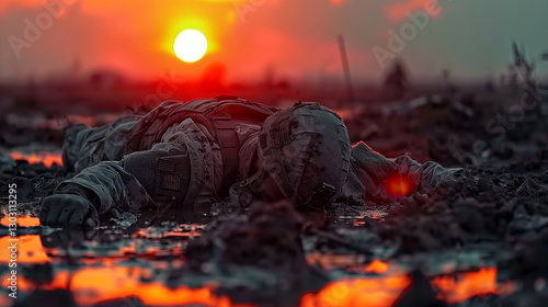 A dramatic image of a fallen soldier lying face down in the mud, reflecting the brutality of war, resilience, and sacrifice, with a burning sunset in the background