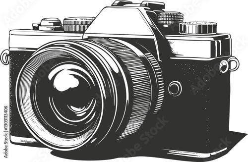Black and white vintage camera illustration with detailed sketch design.