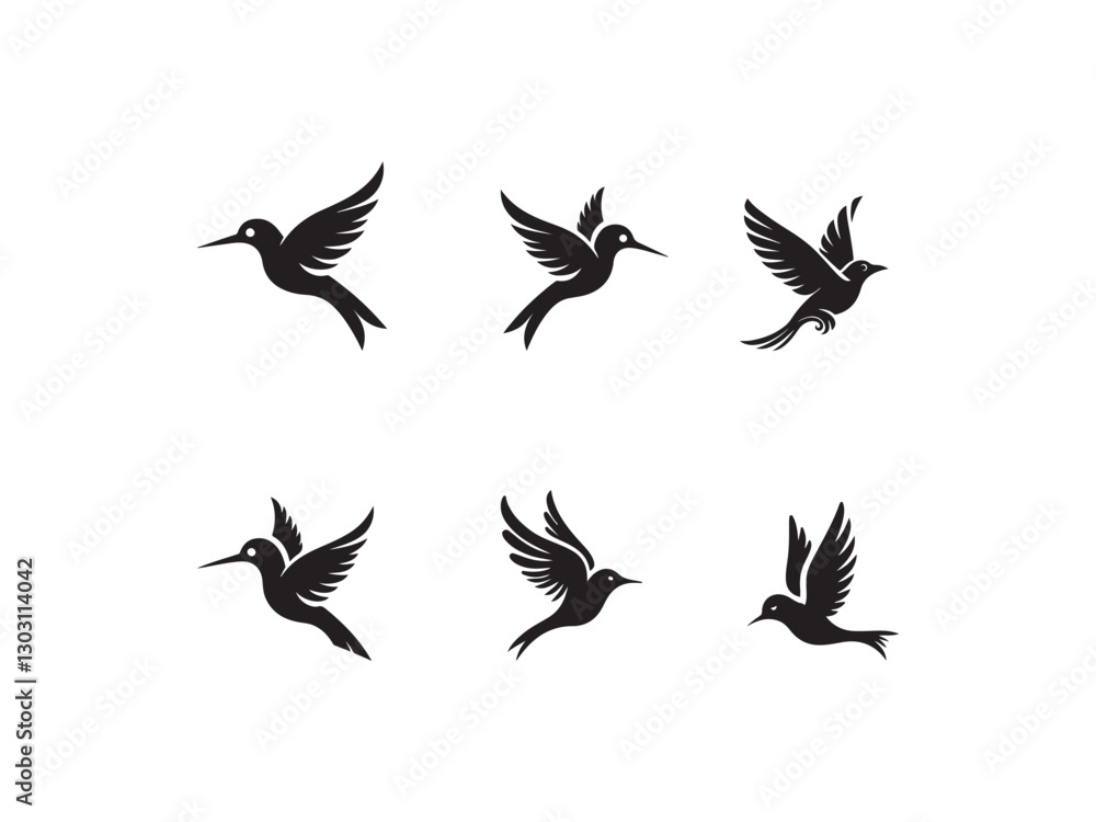Obraz premium vector silhouettes of birds.Silhouettes of Hummingbirds in Flight, Perfect for Logos or Design.A set of stylized, black silhouette hummingbirds in various flight positions against a pure white backgro