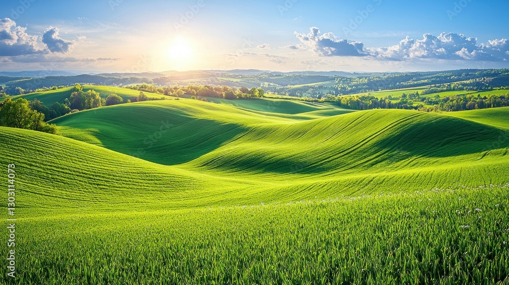 Naklejka premium Rolling hills of green fields at sunset