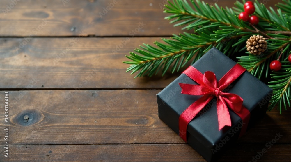 A dark gift box with a vibrant red ribbon rests on a rustic wooden surface, adorned with a festive evergreen branch and berries A dark gift box with a vibrant red ribbon rests on a rustic wooden surface, adorned with a festive evergreen branch and berries