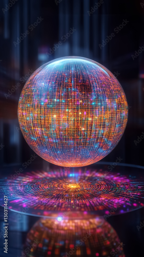 Obraz premium A captivating spherical structure emerges, showcasing a data grid pattern with vibrant patterns that shift and dance. This mesmerizing display fills the space with light and color