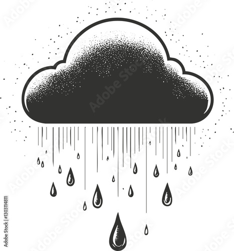 Black and white illustration of a cloud with rain drops.