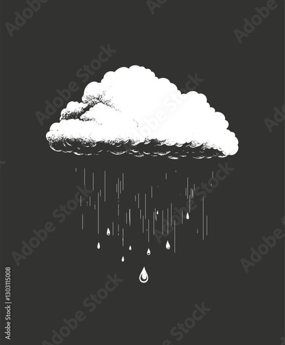 Monochrome illustration of a cloud with rain on a dark background.