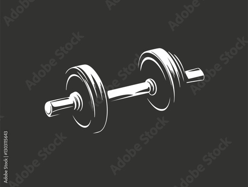 Monochrome illustration of a dumbbell on a dark background.